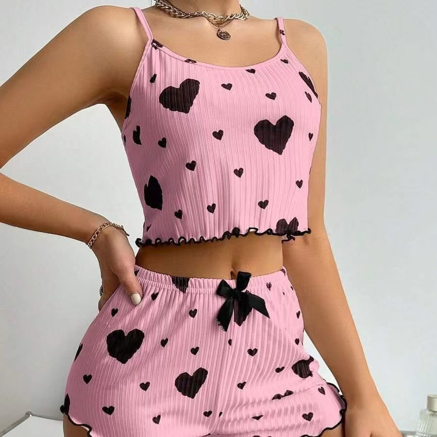 Sexy Lingerie Set with Heart Print Sweet Strap Nightwear Suit eprolo