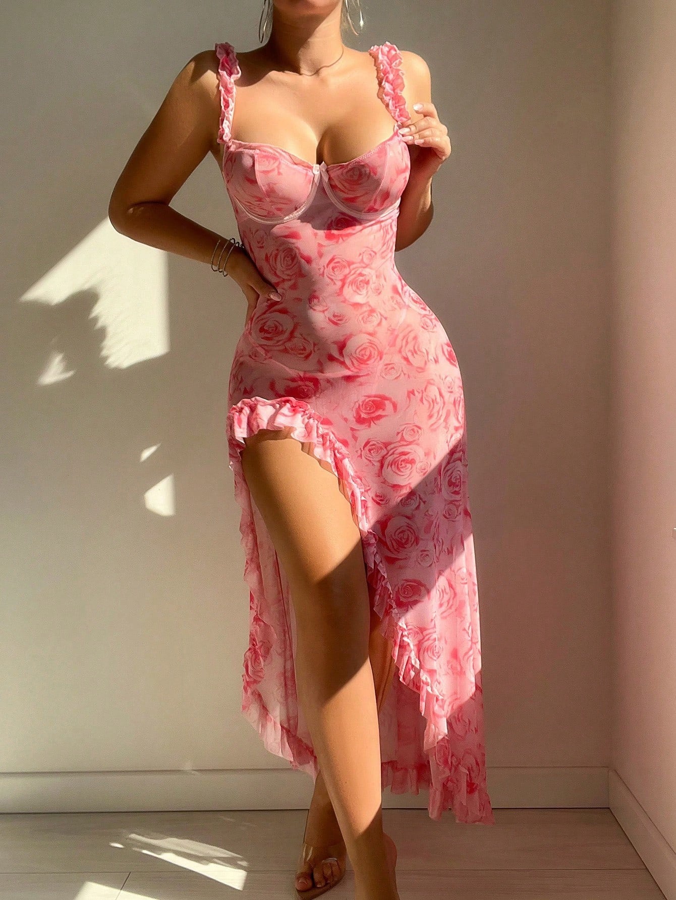 Floral Print Strapless Slit Dress with Lingerie Style eprolo