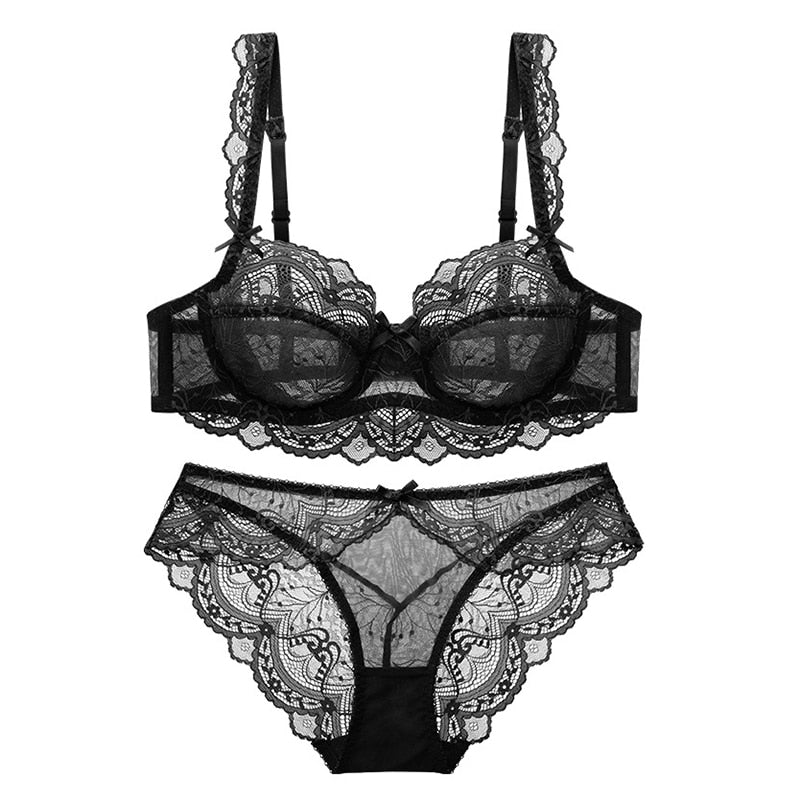 Sexy Lace Ultra Thin Transparent Bra and Panties Set Large Size Underwear Set Lingerie Women Brassieres A B C D E Cup 95C 95D eprolo