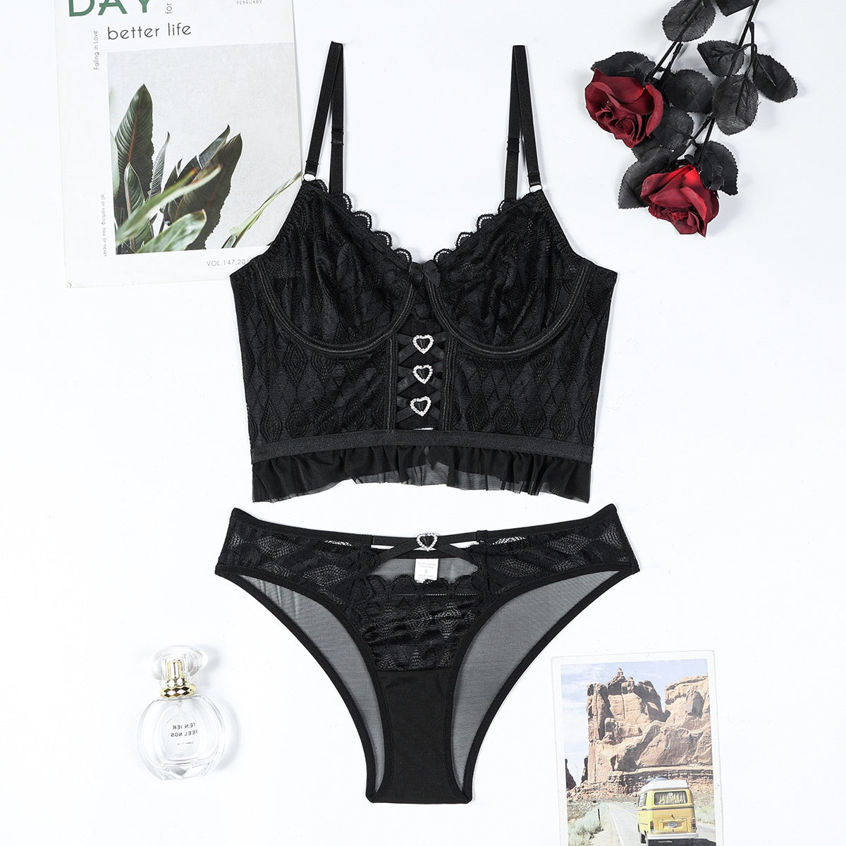 High-end Lace Non-See-Through Cup Cross Heart Tight Top and Panty Erotic Two-Piece Set Sexy Lingerie eprolo