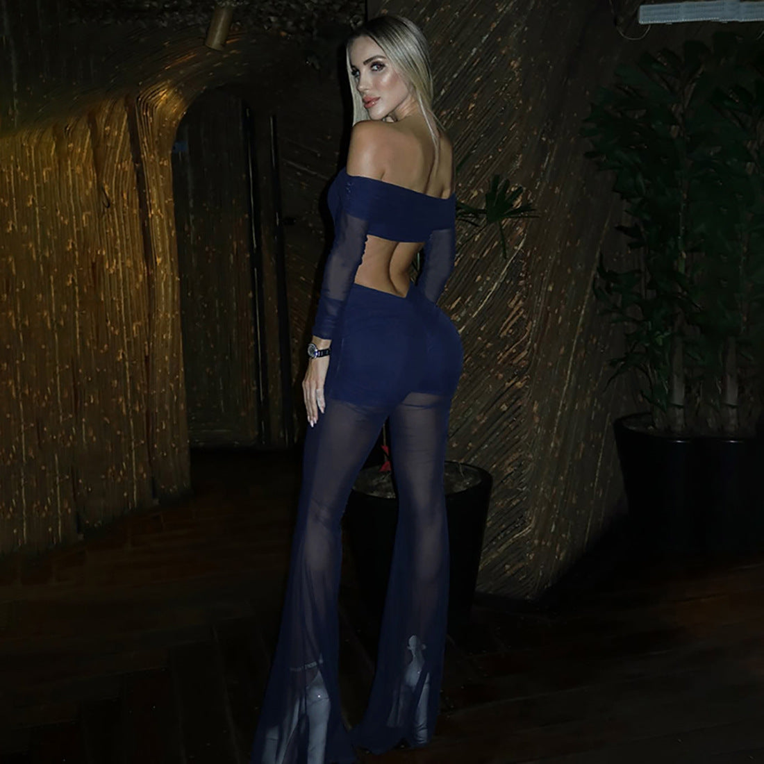Mesh see through sexy one shoulder long sleeved slim fit jumpsuit with micro flared design eprolo