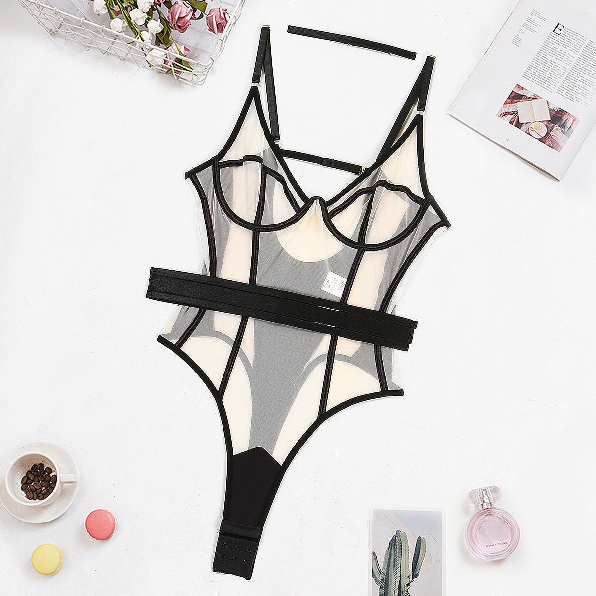 High elasticity mesh contrasting color bandage tight fitting perspective lingerie suspender jumpsuit eprolo