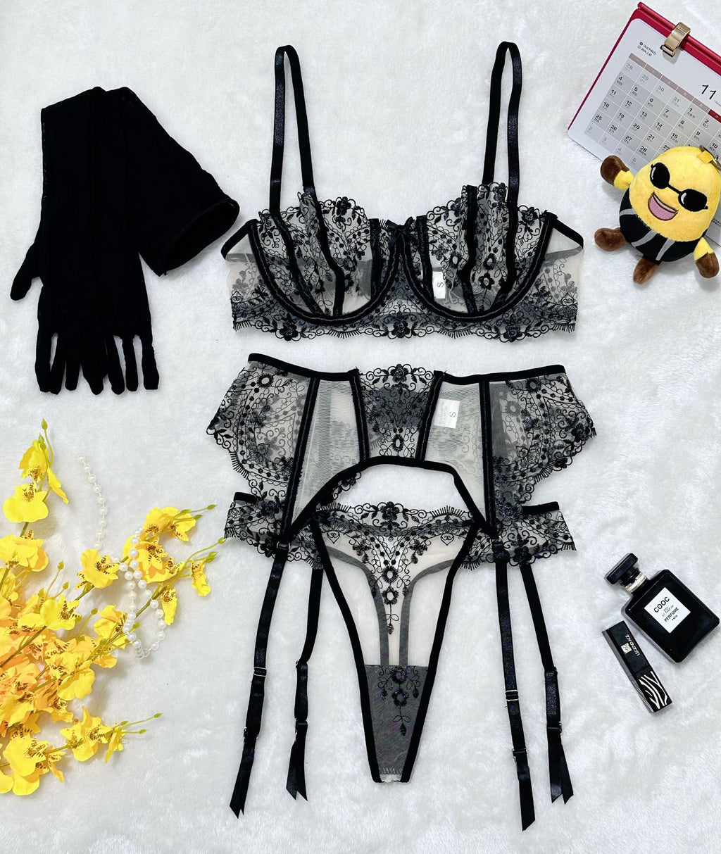 Floral Embroidery Patchwork Sheer Mesh Sexy Lingerie Set for Women eprolo