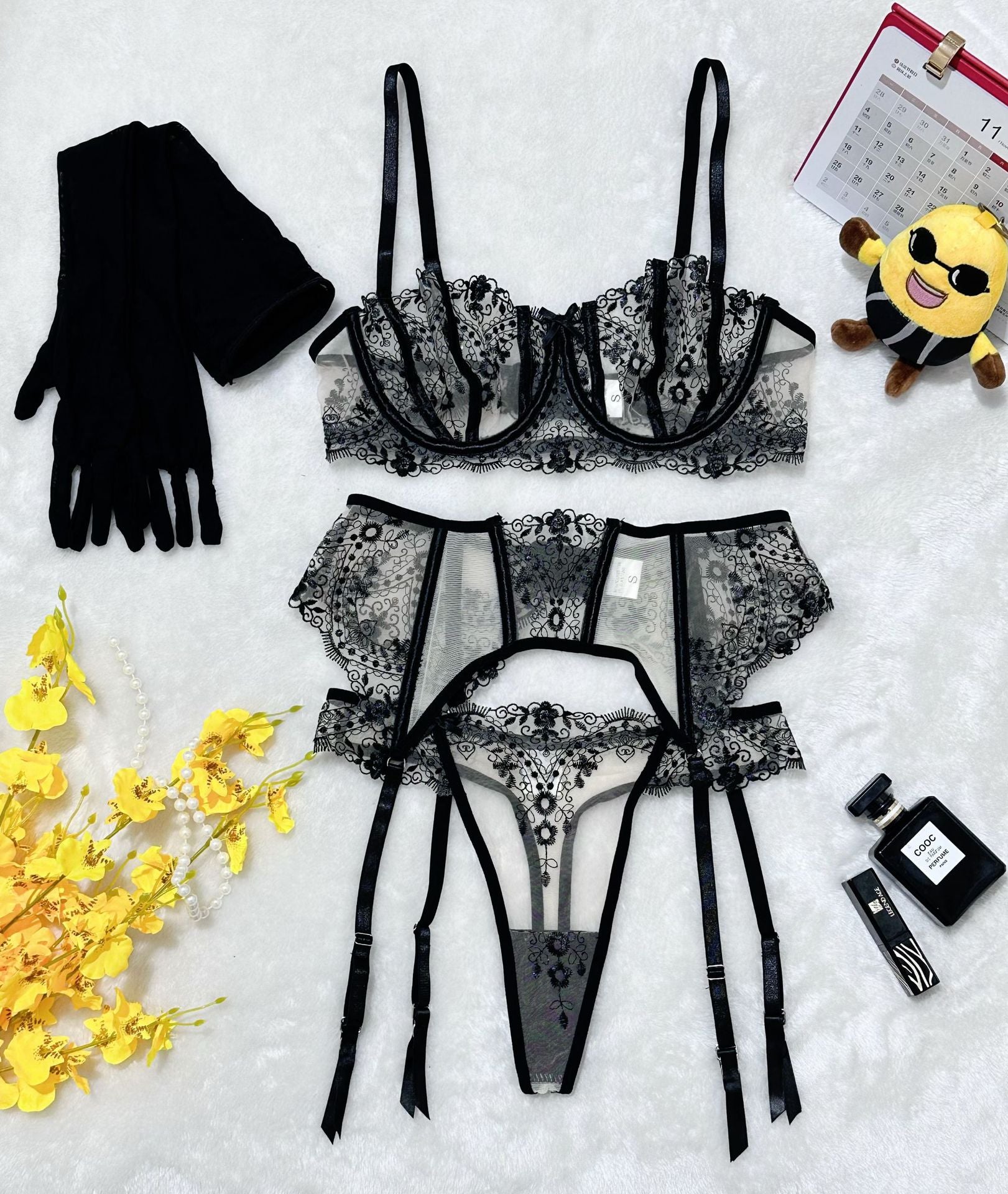 Floral Embroidery Patchwork Sheer Mesh Sexy Lingerie Set for Women eprolo