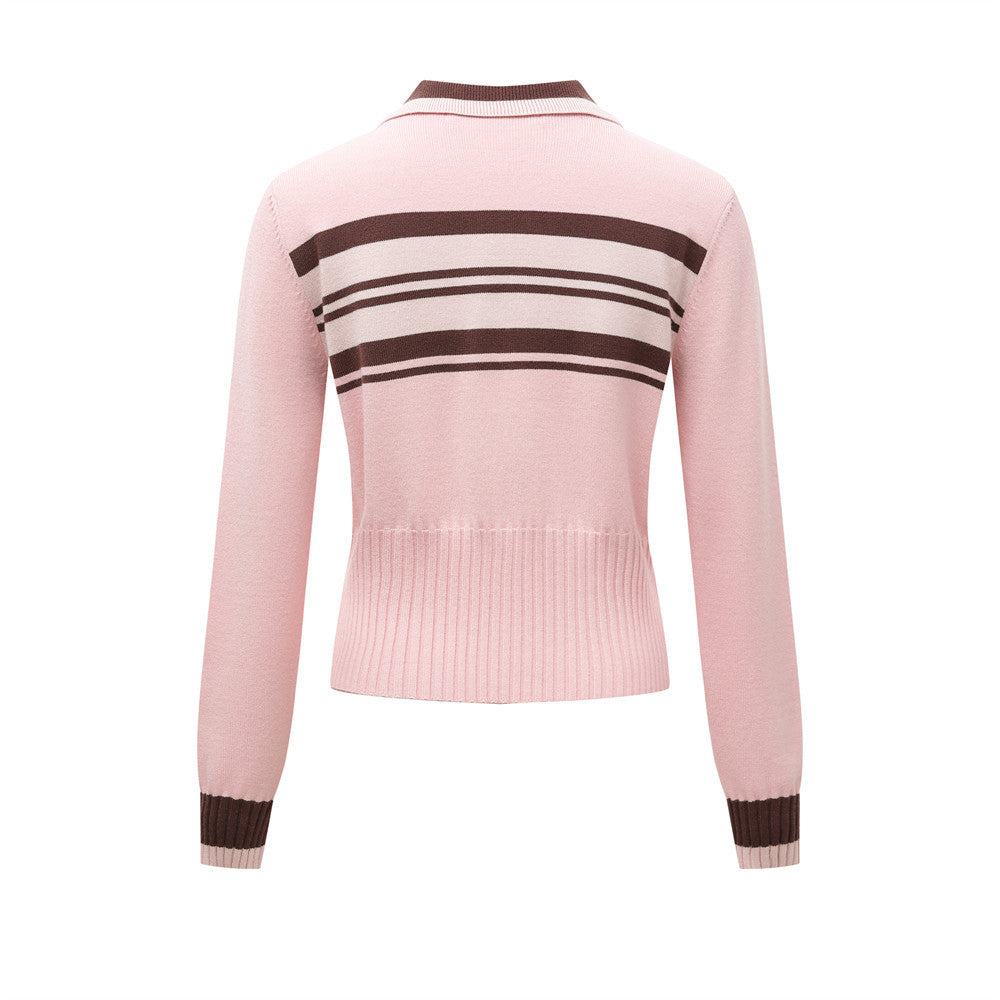 Color-block Stripe Knit Cardigan with Double Zipper Design Long Sleeve Sweater eprolo