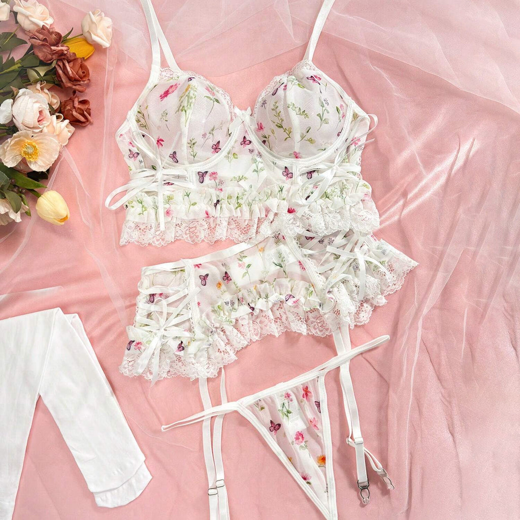 Cross-border Sexy Lingerie Set Sheer Mesh Floral Print Pure Desire Sweet and Sexy Bra Ultra-thin Bra Set eprolo