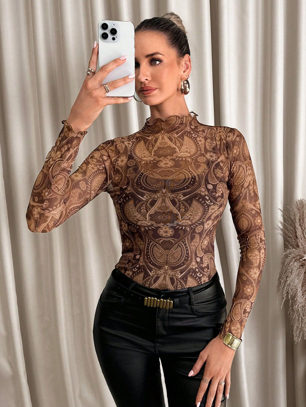 Sexy Leopard Print Mesh Ruffled Bodysuit T-Shirt for Women eprolo