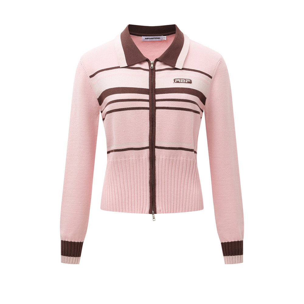 Color-block Stripe Knit Cardigan with Double Zipper Design Long Sleeve Sweater eprolo