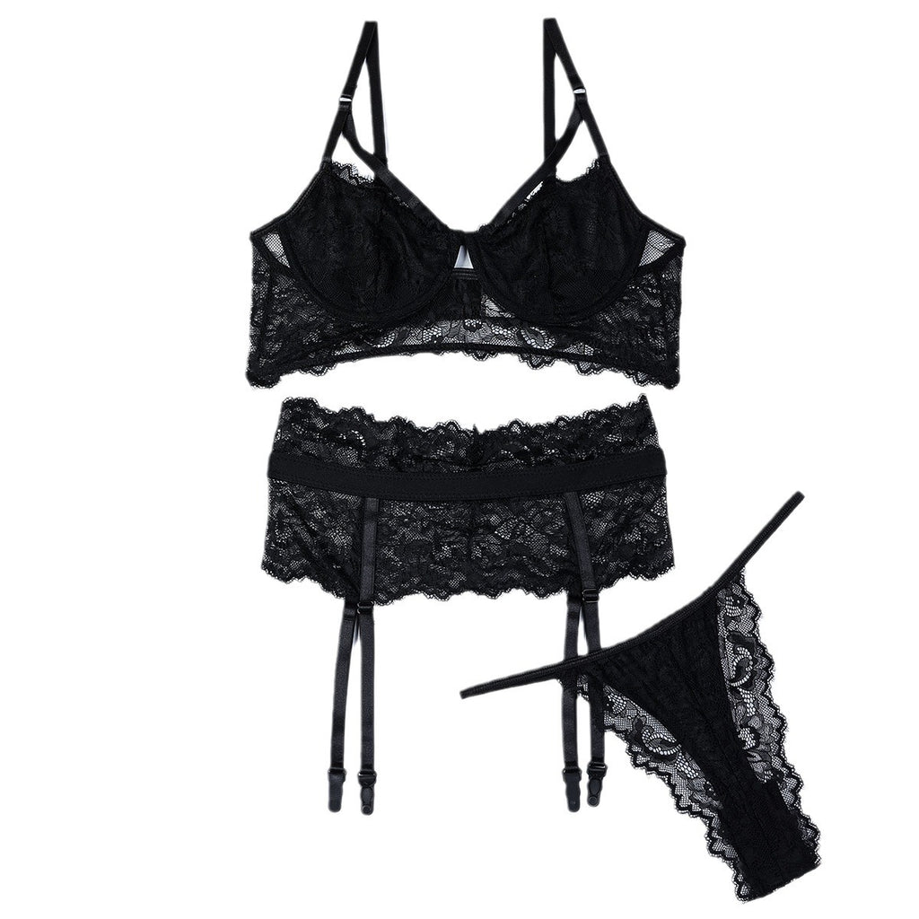 Lingerie Sexy Lace Sheer Three-Piece Set Black Transparent Underwear eprolo