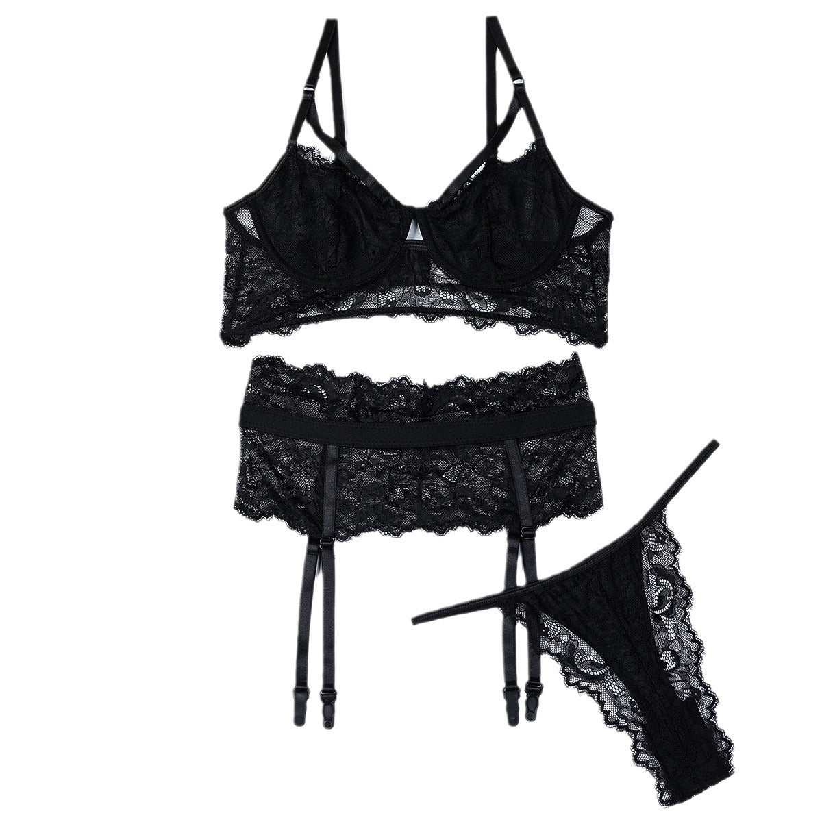 Lingerie Sexy Lace Sheer Three-Piece Set Black Transparent Underwear eprolo