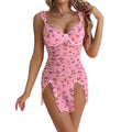 Sexy Lingerie Pink Printed Valentine's Day Strap Nightgown Uniform Temptation Thong Set eprolo