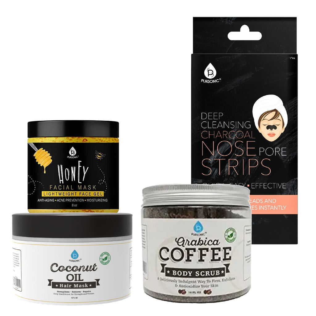 Pursonic Pamper & Glow Gift Bundle (6 pack Deep Cleansing Charcoal Nose Pore Strip, 100% Natural Arabica Coffee Body Scrub 14 Oz, 100% Natural Coconut Oil Hair Mask 10 Oz and Honey Facial Mask 8 Oz) Pursonic