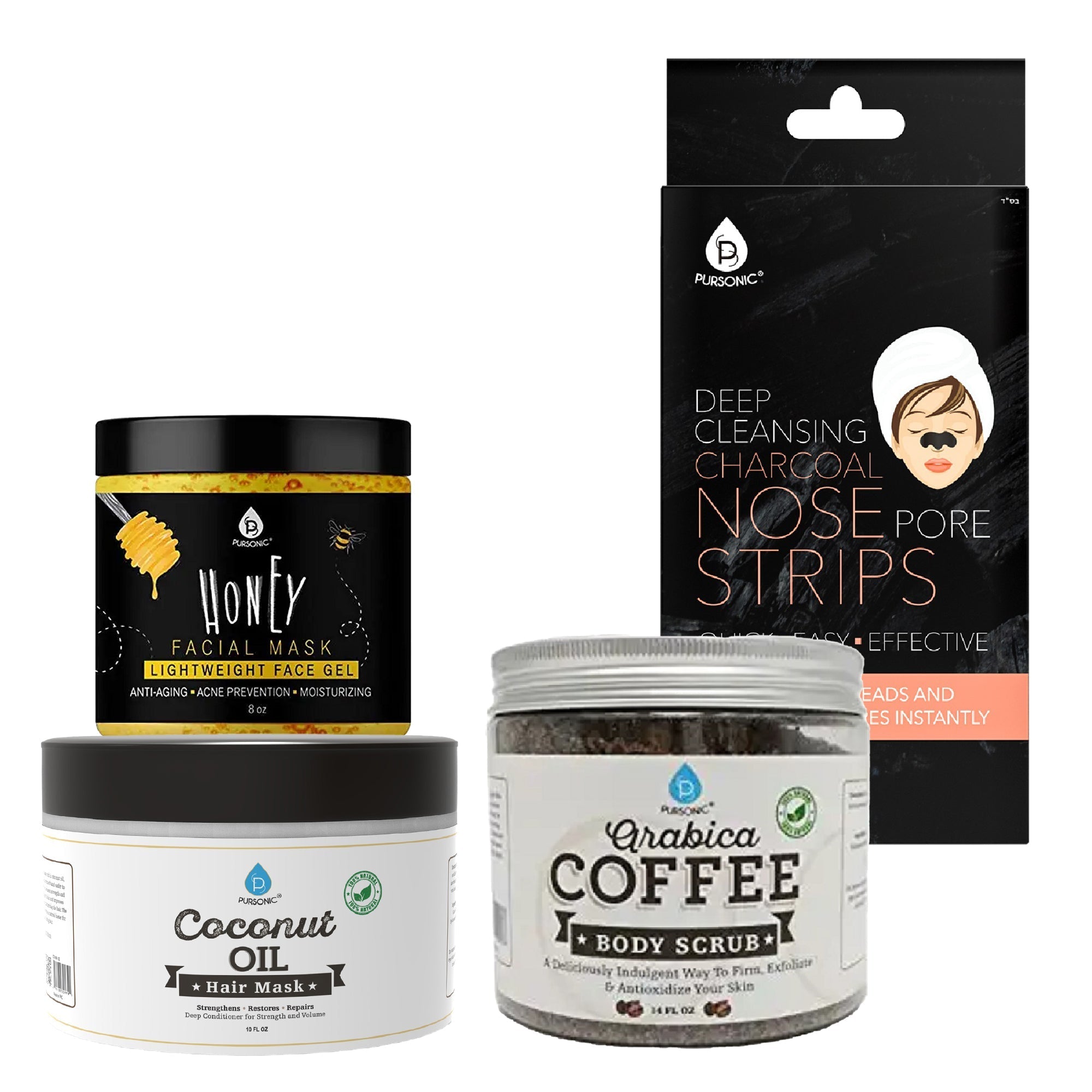 Pursonic Pamper & Glow Gift Bundle (6 pack Deep Cleansing Charcoal Nose Pore Strip, 100% Natural Arabica Coffee Body Scrub 14 Oz, 100% Natural Coconut Oil Hair Mask 10 Oz and Honey Facial Mask 8 Oz) Pursonic