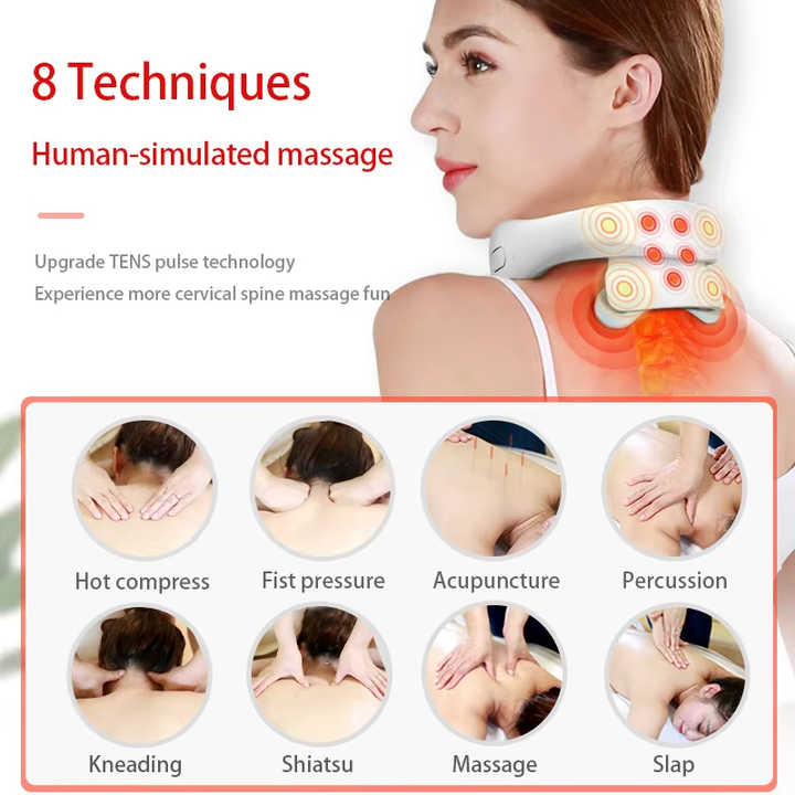 NNEDSZ White Portable Electric Neck Massager – Intelligent Pulse Therapy with Heat and 4 Massage Heads NNEDSZ