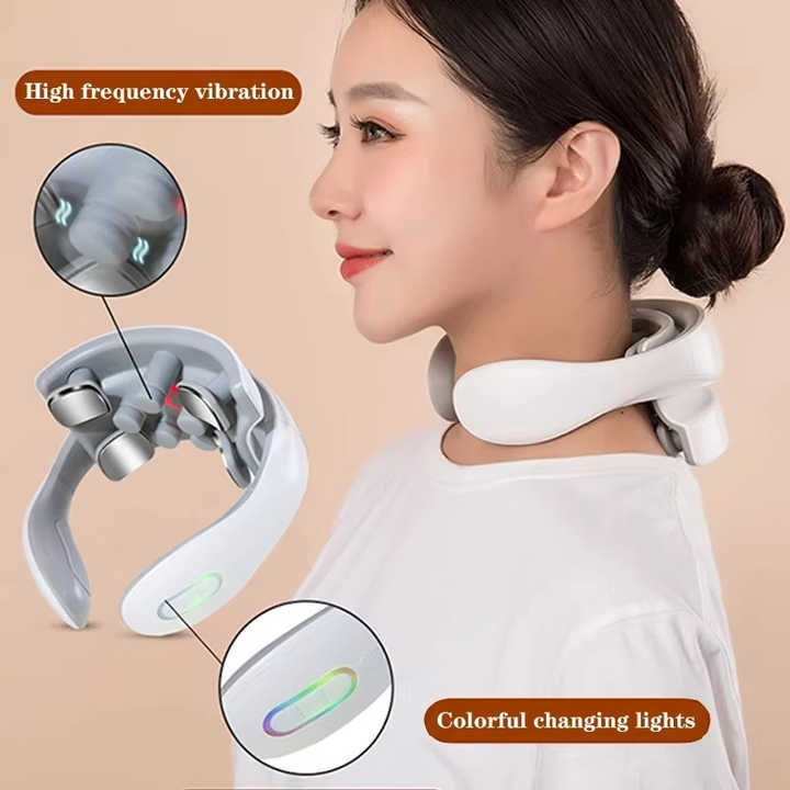 NNEDSZ White Portable Electric Neck Massager – Intelligent Pulse Therapy with Heat and 4 Massage Heads NNEDSZ