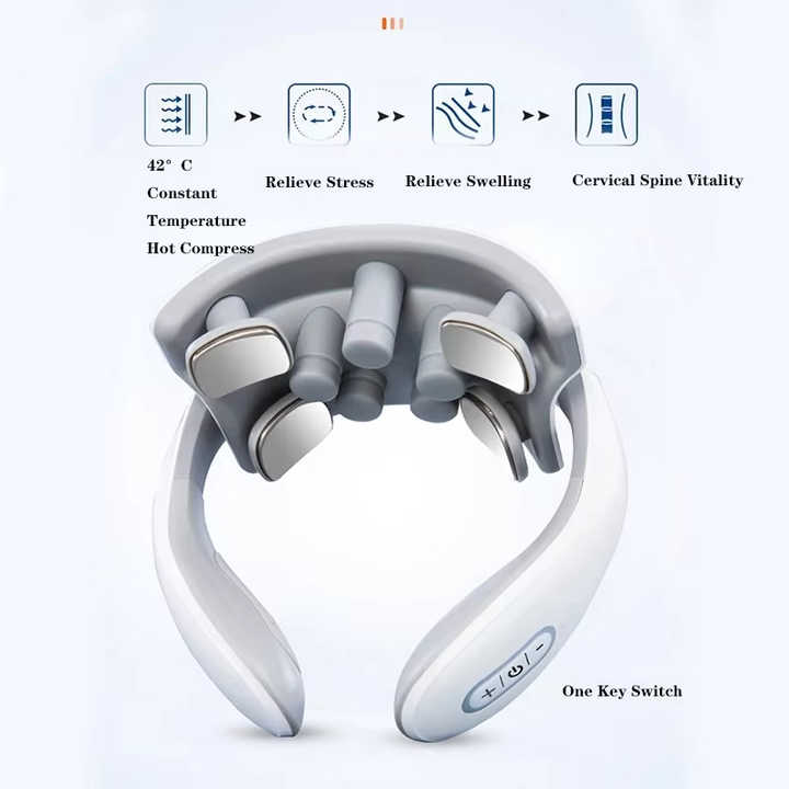 NNEDSZ White Portable Electric Neck Massager – Intelligent Pulse Therapy with Heat and 4 Massage Heads NNEDSZ