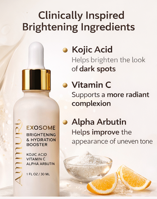Ammuri Exosome Booster Serum – Brightening & Hydration Booster with Kojic Acid, Vitamin C & Alpha Arbutin | Fades Dark Spots, Evens Skin Tone & Boosts Radiance | For Face & Body – 30ml Ammuri Skincare